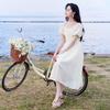 Xiangying Women's Bubble Sleeve Square Neck Textured High-Waist Dress