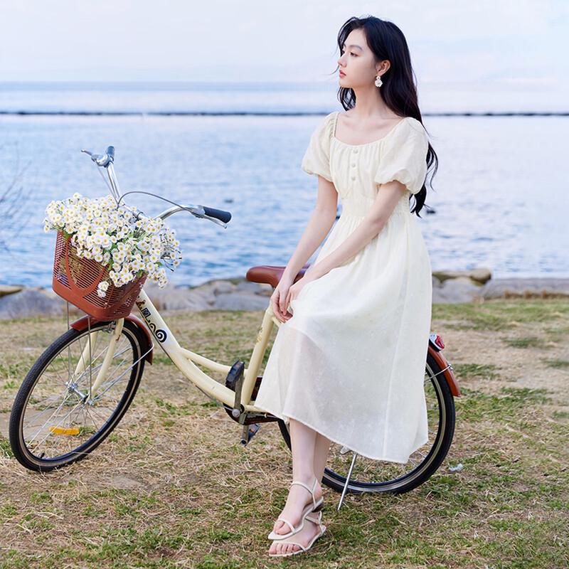 Xiangying Women's Bubble Sleeve Square Neck Textured High-Waist Dress