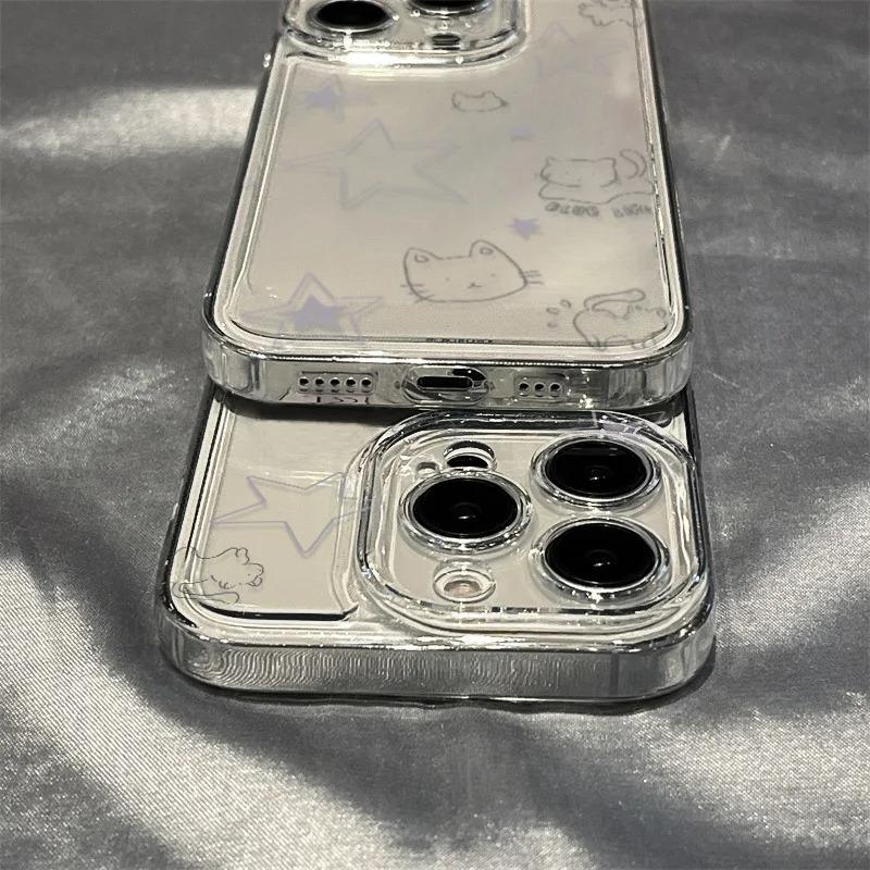 Line Art Cat and Star Pattern Phone Case for iPhone 17 16 15 14 13 12 11 16E Series Pro Max Plus Double Layer Protection
