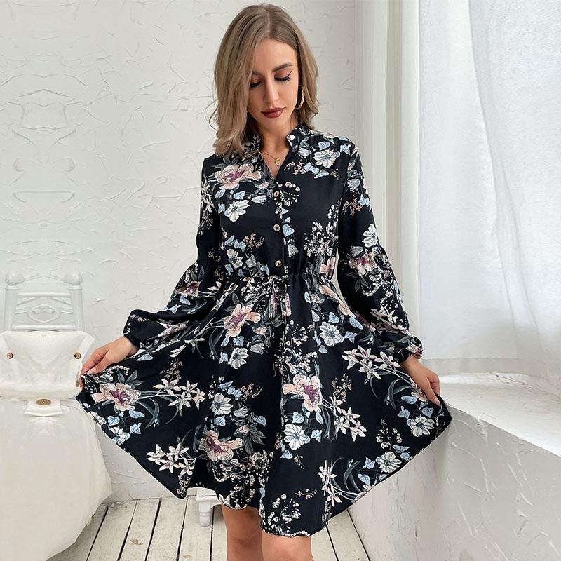 EastRogue Women's Vintage Floral Print Long Sleeve V-Neck High Waist Casual Dresses