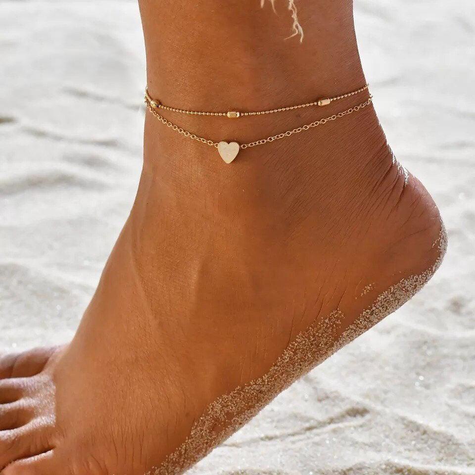 Summer Beach Bead Chain Love Peach Heart Anklet Foot Decoration