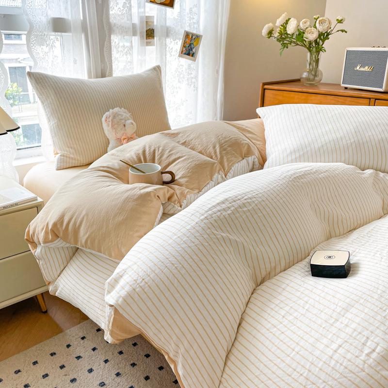 Minimalist Washed Cotton Bedding Set: Three-Piece for Dorm Beds, Includes Sheet, Duvet Cover, and Four Pillowcases