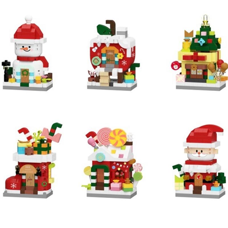 DIY Christmas Santa Snowman Claus Socks Eve Architecture Store Street View Xmas Tree Snow House Building Blocks Kit Toy