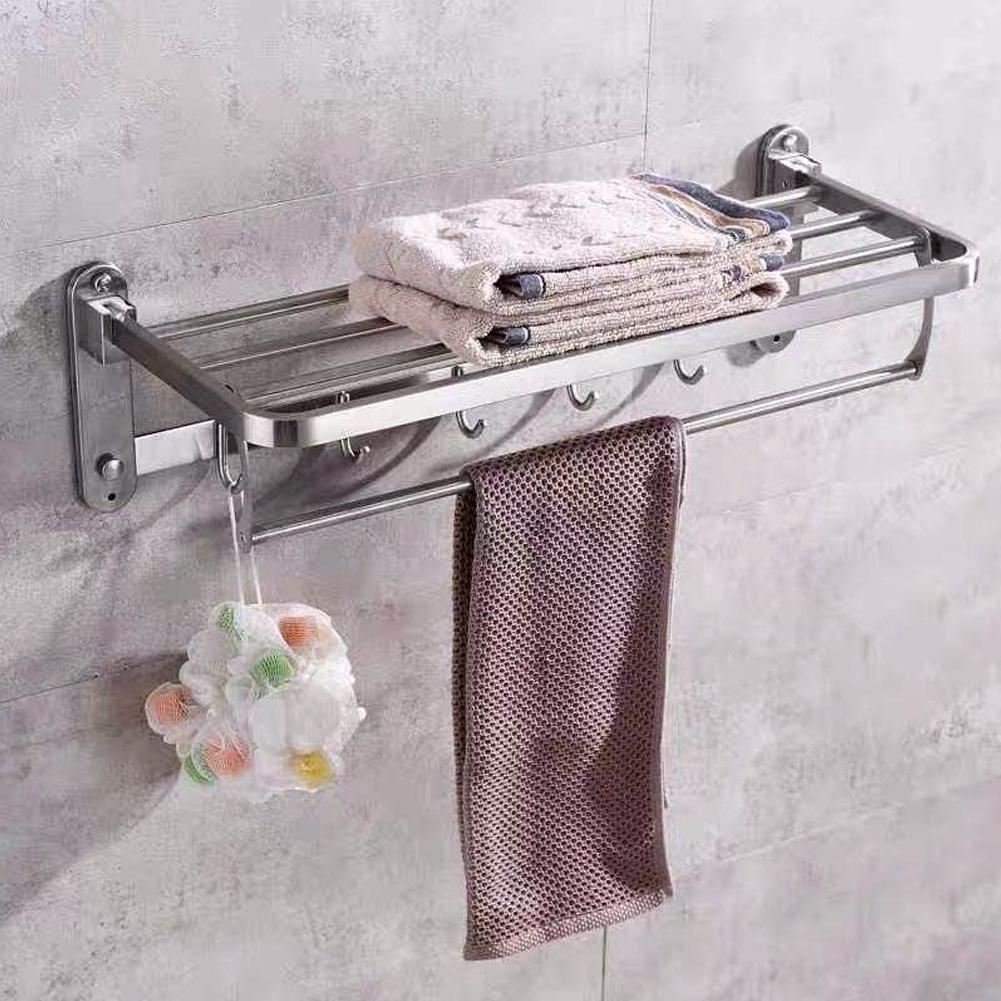 Stainless Steel Foldable Towel Rack Multifunctional WallMounted Bathroom Shelf with Hook