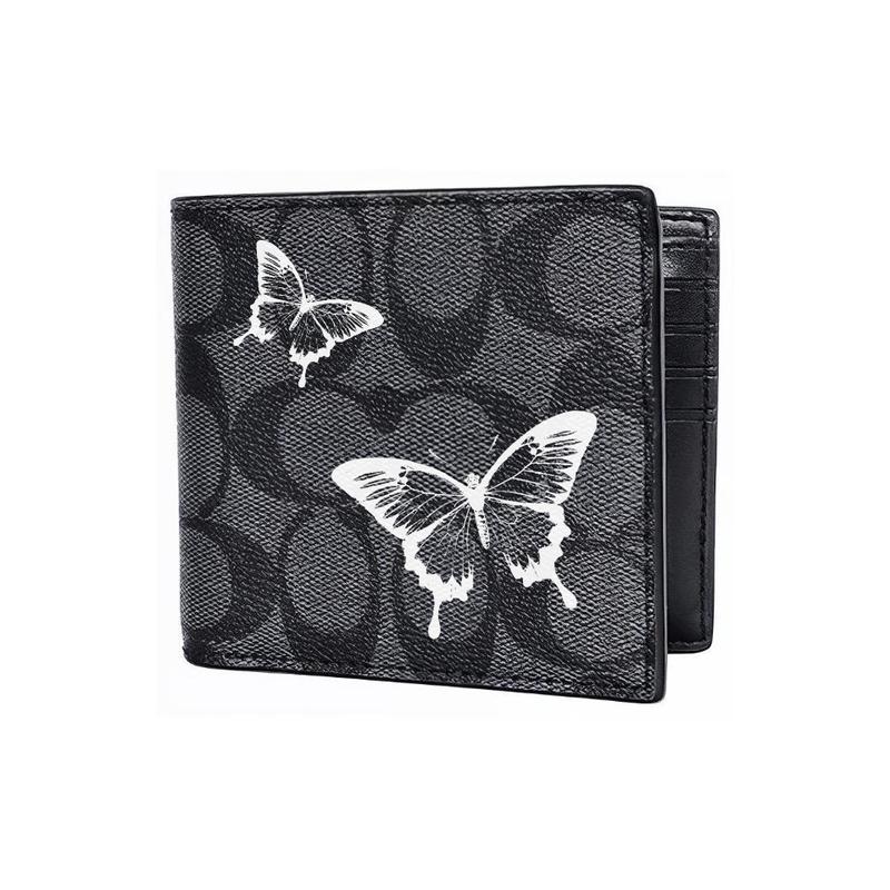 Coach [Customized Bag] 3 IN 1 Wallet MAY All the Way Gothic Oracle Leather Wallet Men's Black White Butterfly