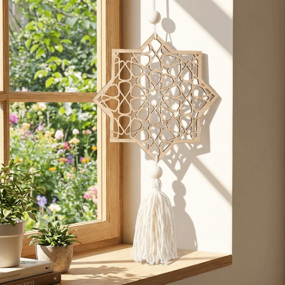 Handmade Moon Star Hollow Mesh Wall Decor Wooden Handicraft Pendant  Ramadan Celebration