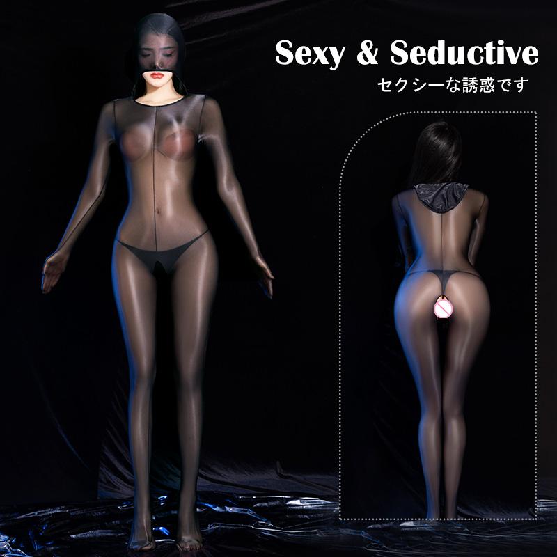 Sexy Öl Glänzende Ganzkörperstrümpfe Frauen Durchsichtiger Bodysuit-Overall mit offenem Schritt Trikot Catsuit Sex-Porno-Kleidung für Erwachsene