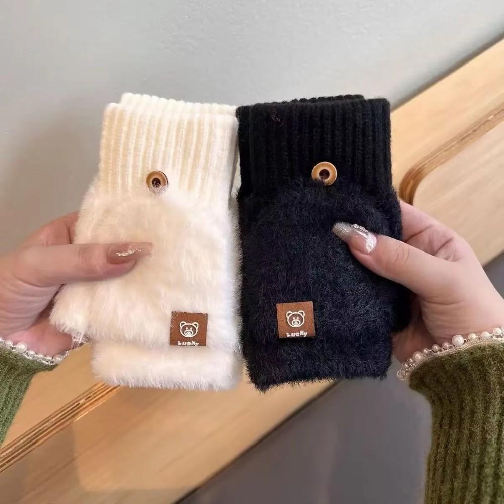 Cute Autumn Winter Half Finger Gloves Plush Warm Touchscreen Gloves Thickened Anti-Cold Flip Cover Gloves Student Writing Gloves