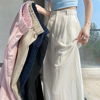 Women's Tencel Linen Wide-Leg Pants - Summer Ice Silk Cotton Blend, High Waist, Slimming, Floor Length, Loose Fit.