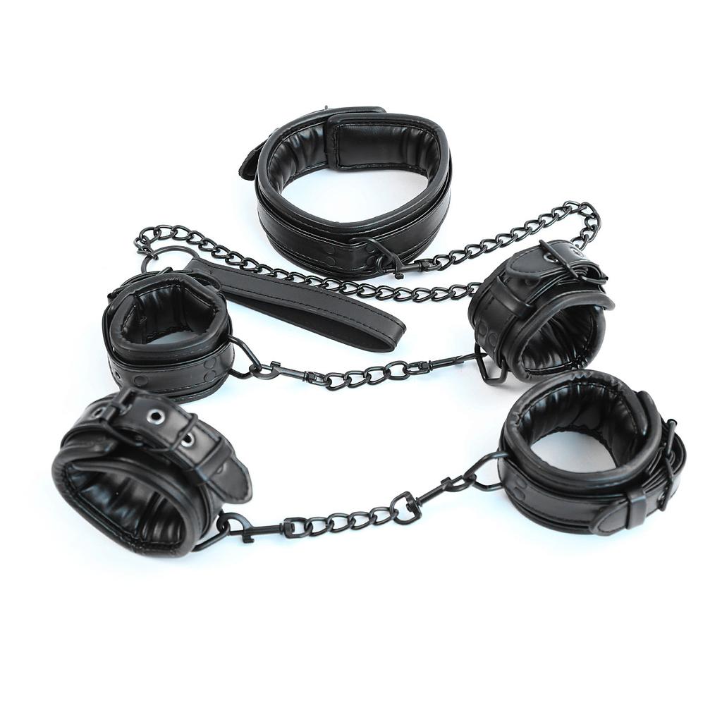 Black Genuine Leather  Bondage Set 3pcs Restraints Collars Ankle Cuff Handcuffs For Sex Bondage Set Sex Toys For Adults
