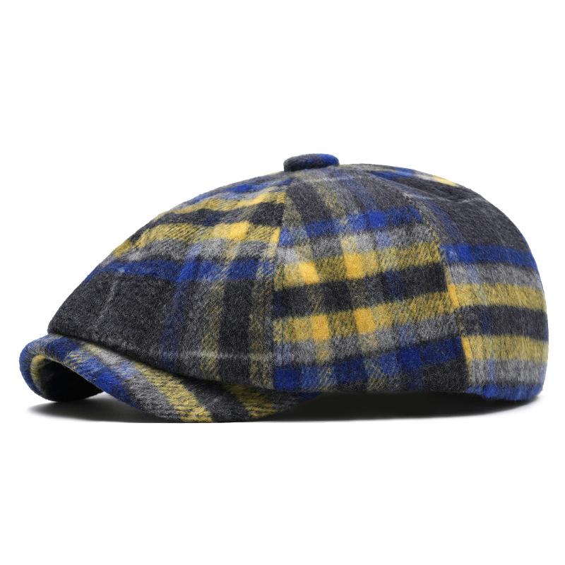 Color Check Octagonal Cap Men Women Autumn Winter Wool Warm Forward Cap British Newsboy Cap Beret
