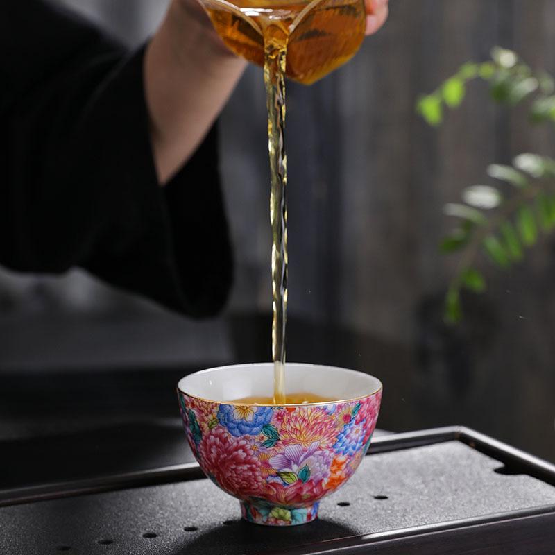 Enamel Master Cup Ceramic Tea Cup Gold-Plated Palace Style Tea Bowl Carved Kung Fu Tasting Cup Large Single Cup Tea Bowl