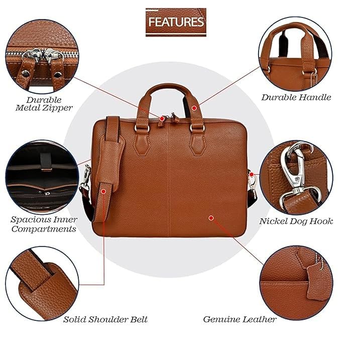 Leather Laptop Briefcase Bag for Men, Vintage Durable Zipper Multi Pocket Office Business Work Travel Carry Messenger Shoulder Crossbody Bag