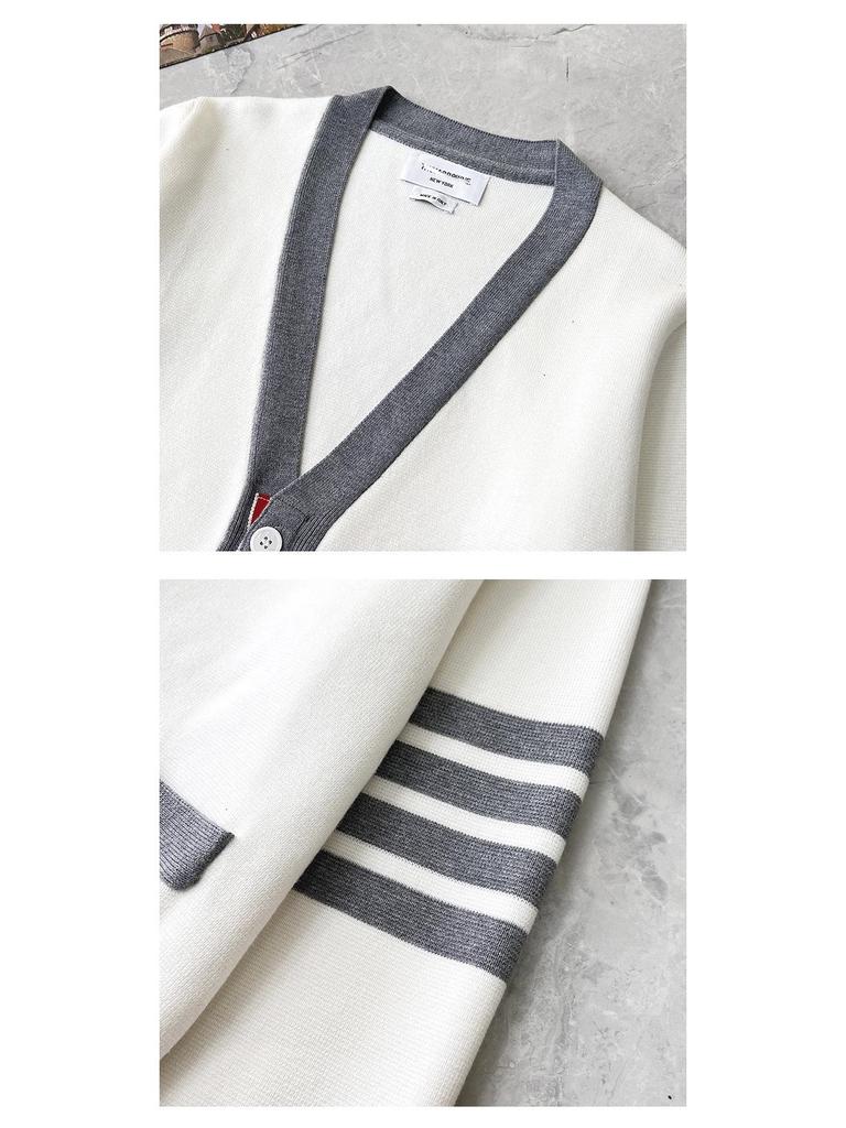 TB Unisex V-Neck Knit Cardigan - Autumn/Winter Colorblock Sleeves with Four Stripes, Slim Fit, Fairy Style.