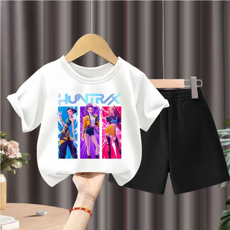 Summer Children Casual T Shirt Sets K POP Cartoon Printed Girls Short Sleeve Top and Shorts Two Piece Suit Kids Fashion Outfits
