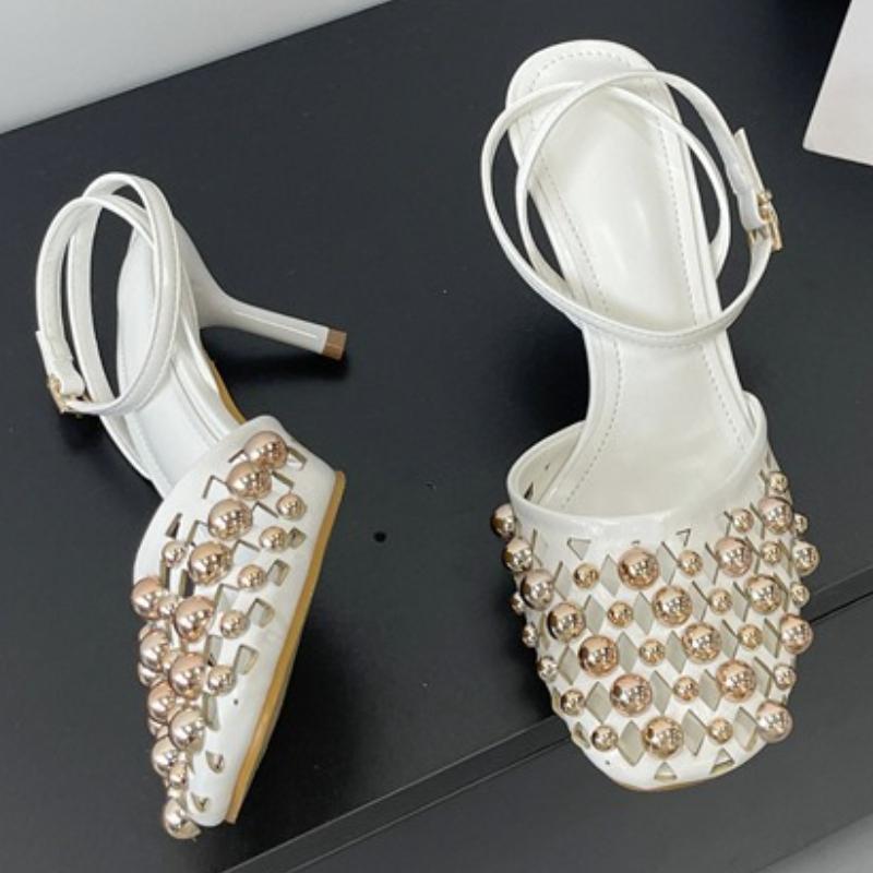 

Fashion High Quality Metal Decorative Mesh Sandals Women Ankle Strap Buckle High Heel Sandals Fashion Comfortable Round Toe Slide Sandal 35 белый