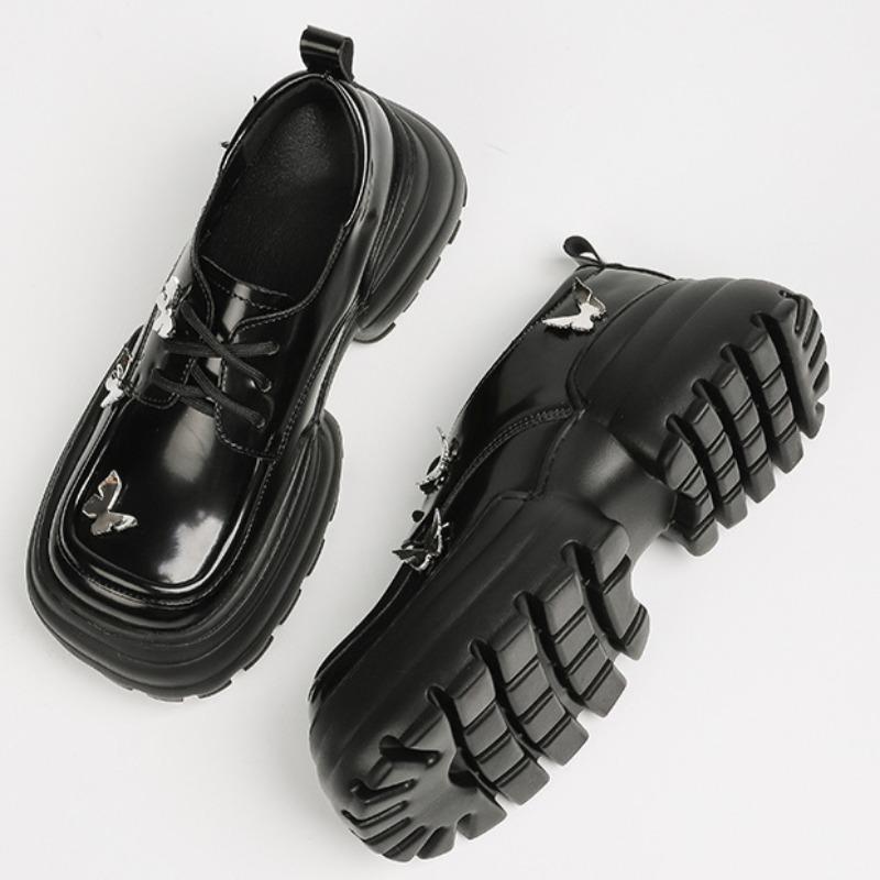 Loafers for Women New British Style Casual Round Toe Lace-up Butterfly Metal Buckle Platform Thick-soled Small Leather Shoes