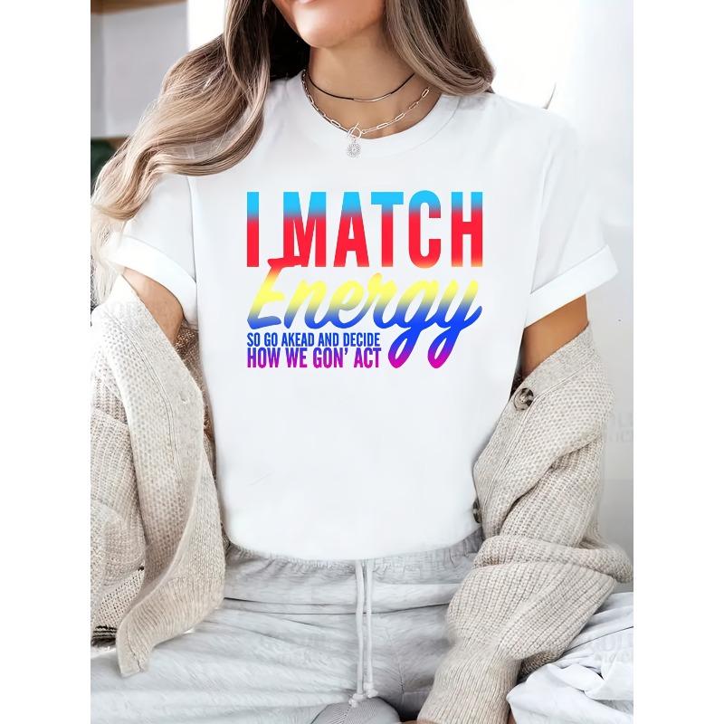 

European Size Women s Retro I MATCH ENERGY Graphic T-Shirt - Oversized Casual Fit with Bold Multicolor Block Lettering, Short Sleeve Round Neck S белый