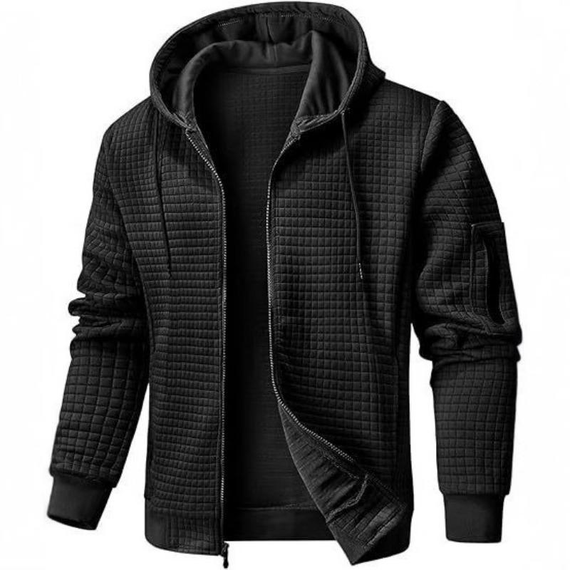 Men S Solid Color Waffle Knit Full Zip Hooded Sweatshirt Casual Jacket