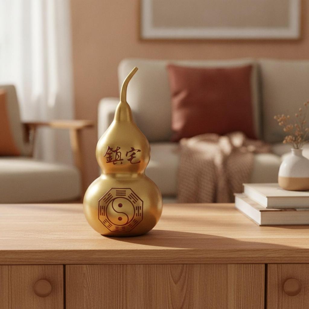 Feng Shui Brass Gourd with Bagua Symbol | DoubleLobed Shape, Calabash YinYang Motif, for
