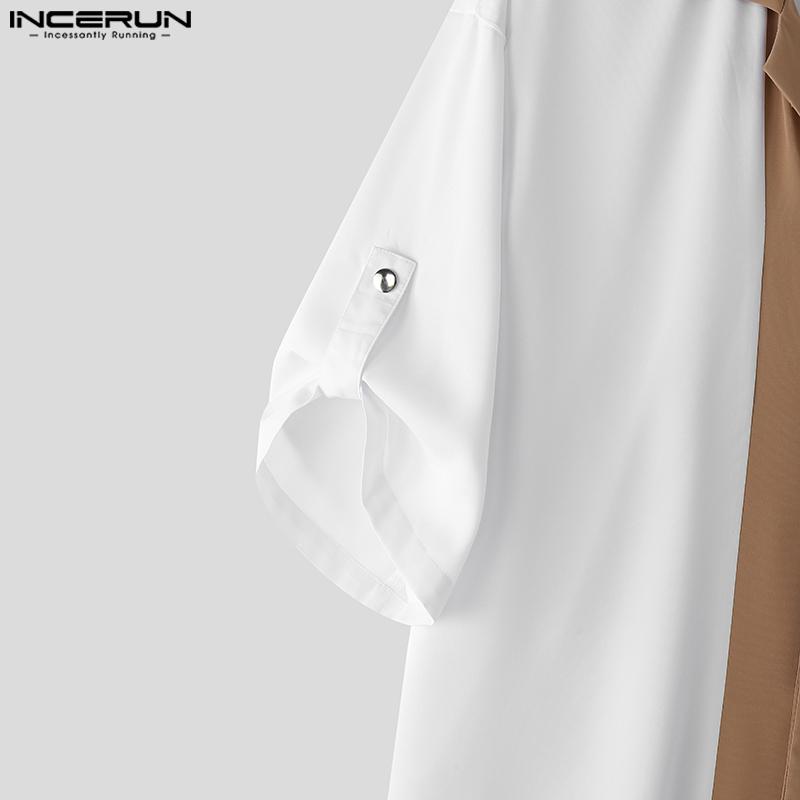 INCERUN Oversized Men Lapel Neck Half Sleeve Patchwork Casual Shirts