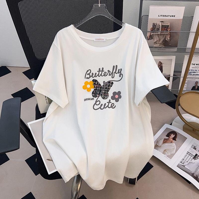 Plus Size Short-Sleeve Loose Mid-Length Round Neck T-Shirt for Women (200/300/350 Jin)