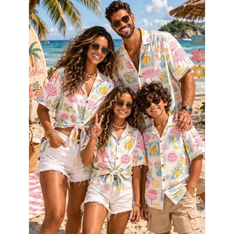 Summer Men's Family Wear Beach Hawaiian Shirt Tropical Summer Style Sandcastle Palm Tree Print Shirt Vacation Gift Child T-Shirt