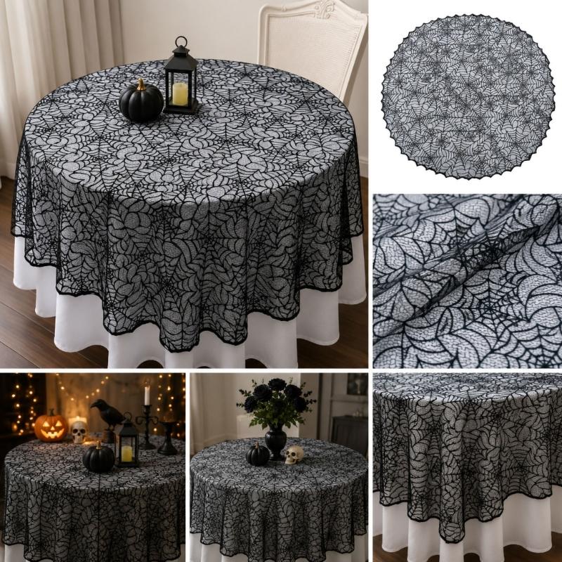 Spiderweb Table Cover for Halloween, Round Black Lace Tablecloth with Soft Fabric Drape for Dessert Display, Entry Table, and Party Decors