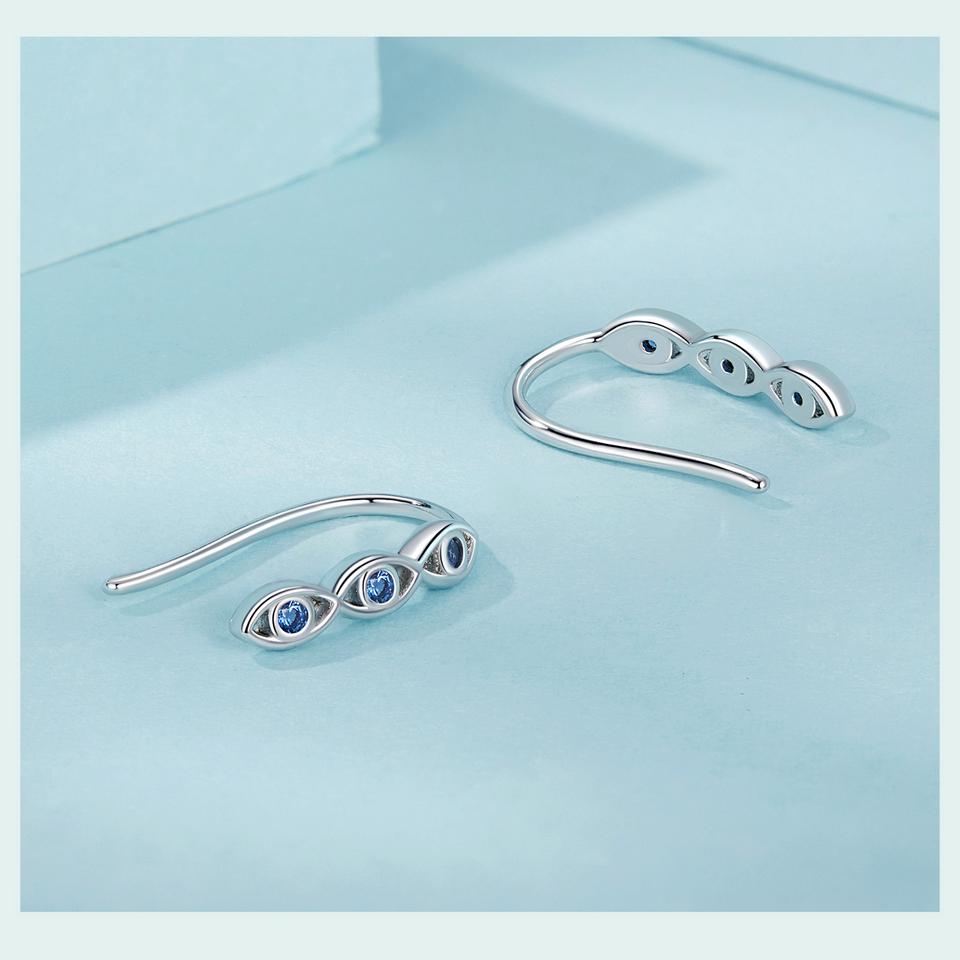 Three Devil's Eye Hook Earrings Blue Zircon 925 Sterling Silver Lucky Earrings Cuffs