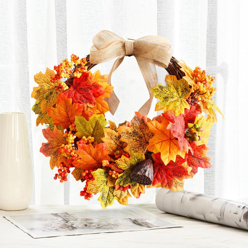 1 Pc 45cm Autumn Home Decor Wreath, Harvest Festival Decor Front Door Wreath, Maple Leaves Garland