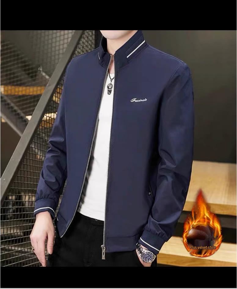 Men's Slim Fit Korean Style Jacket with Fleece Lining, Stand Collar, Versatile Casual Trend.