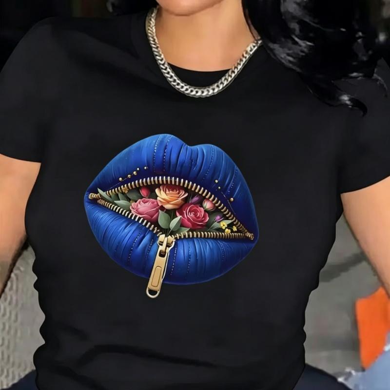 Blaues Reißverschluss-Lippen mit Rosen T-Shirt Edgy Florales Mund Grafik-Tee Cooles Statement-Print Kurzarm-Oberteil