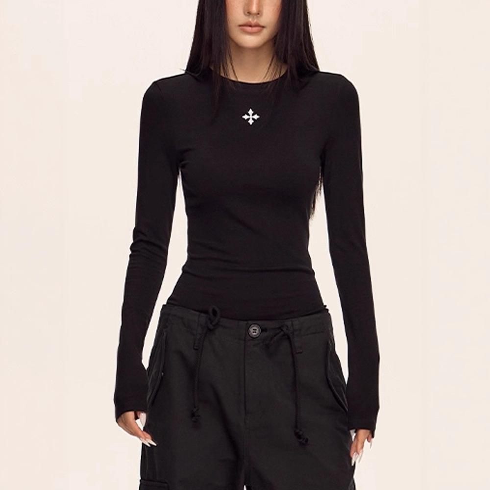 Ladies Spring Autumn Long Sleeve Crew Neck Slim Fit Basic Printed Pullover T Shirt  Top for Layering