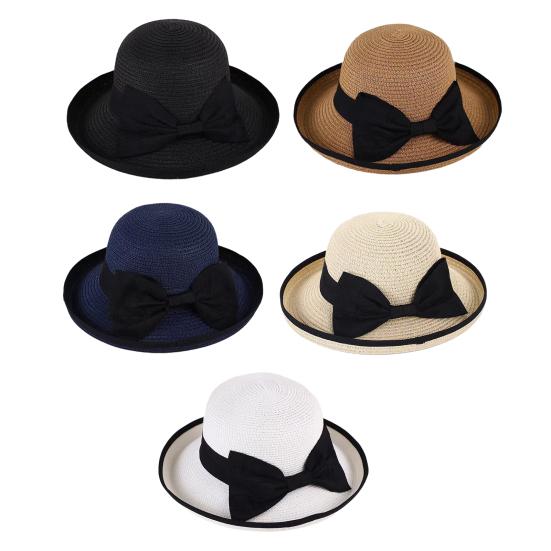Bucket Hat Wide Wavy Lace Brim Sun Protection Hat with Ribbon Bow Decoration Summer Travel Beach Vacation Hat