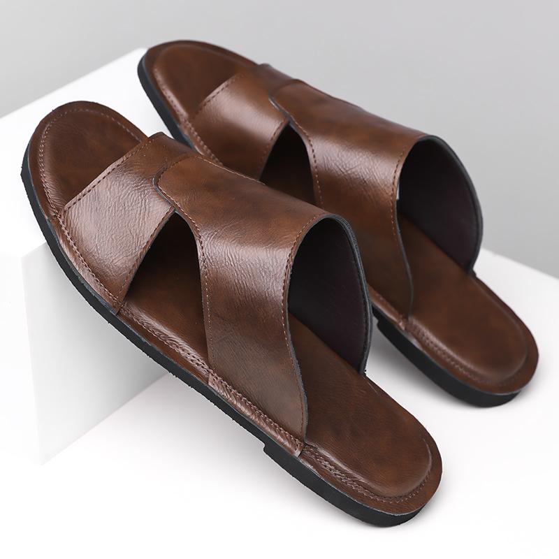 Men Black Leather Slippers Handmade Simple Flats Summer Brown Roman Sandals Open Toe Beach Shoes Plus Size