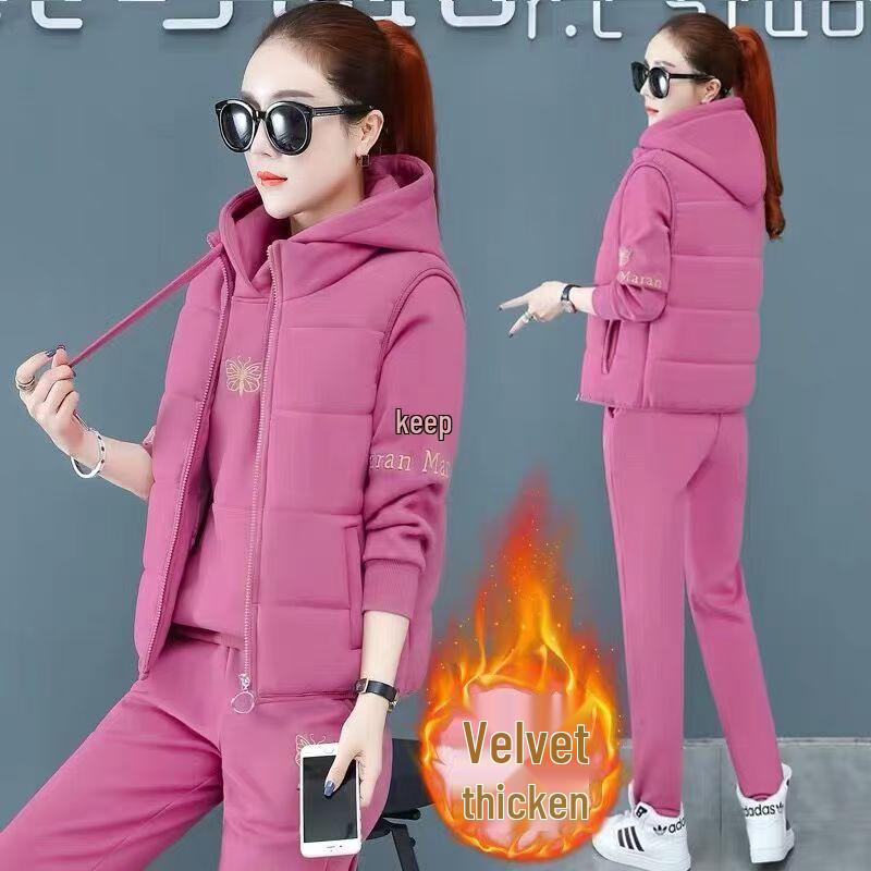 Women's Fleece-Lined Embroidered Hoodie Three-Piece Set for Autumn/Winter 2024
