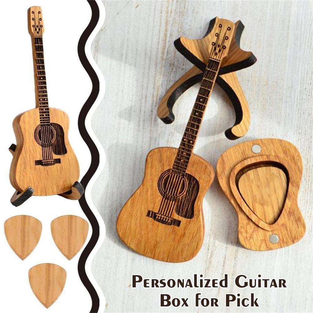 Wooden Guitar Pick Box With Stand,3PCS Unique Guitar Picks,Guitar Pick Holder Box,Musician Engraved Wooden Plectrum Case