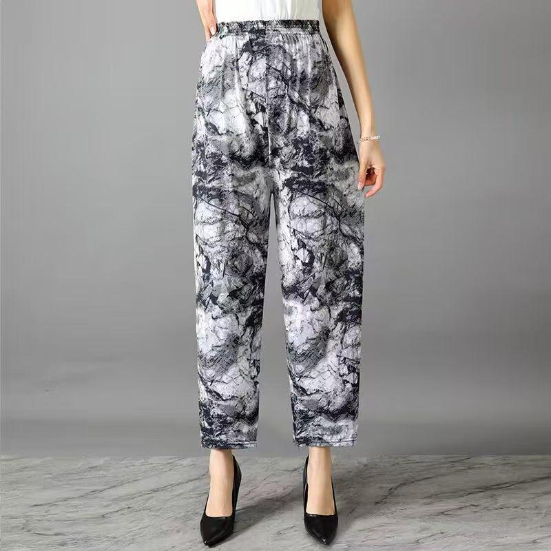 Casual Summer Women's Plus Size Ice Silk Stretch Pants - Loose, High Elastic Waist for Middle-Aged and Elderly