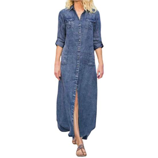 Sukienka dżinsowa z klapami i dekoltem w serek, z długimi rękawami, wieloma kieszeniami, zapinana na guziki, damska, modna