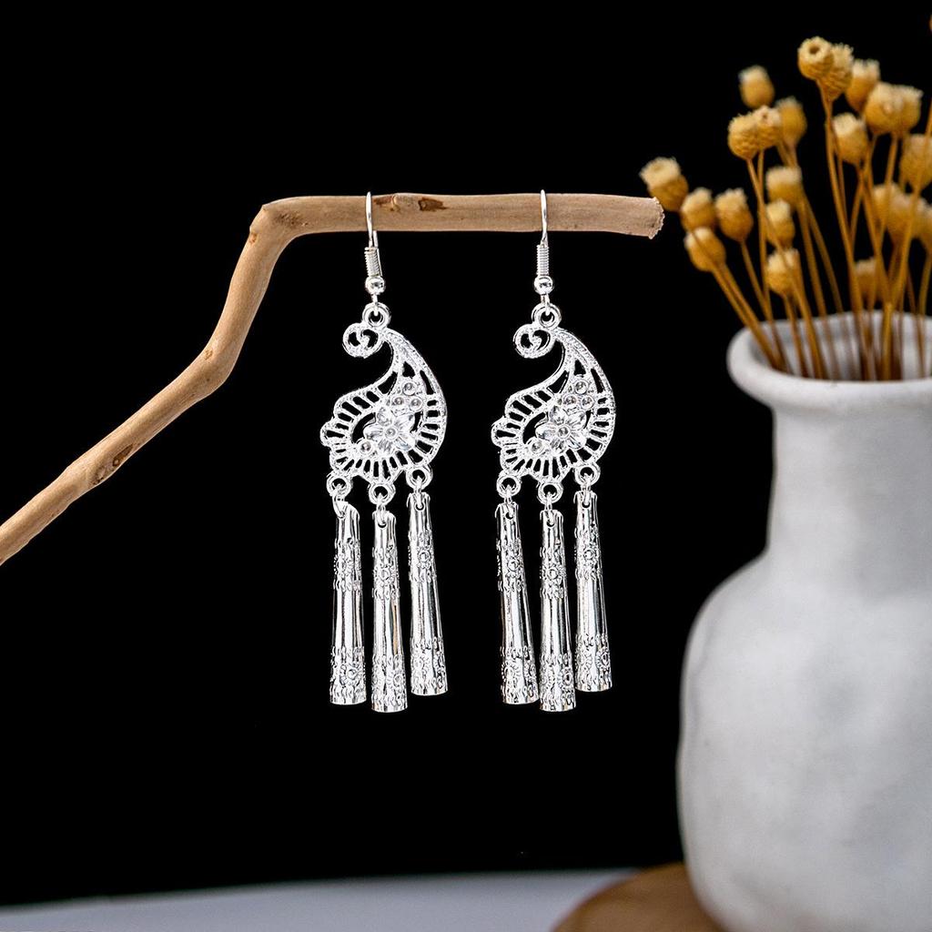 Miao Silver Tassel Dangle Earrings: Ethnic-Style Studs for Women