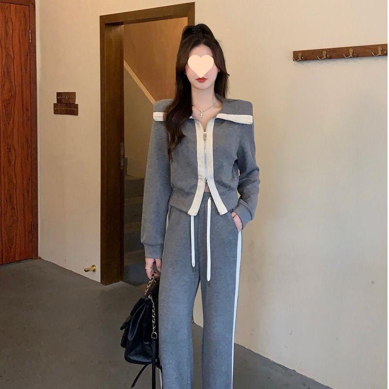 

Women s European-Style Grey Sports Suit: Autumn Slimming Two-Piece Set with Doll Collar Sweatshirt and High-Waisted Straight-Leg Pants S (Recommended 80-95 jin) серый