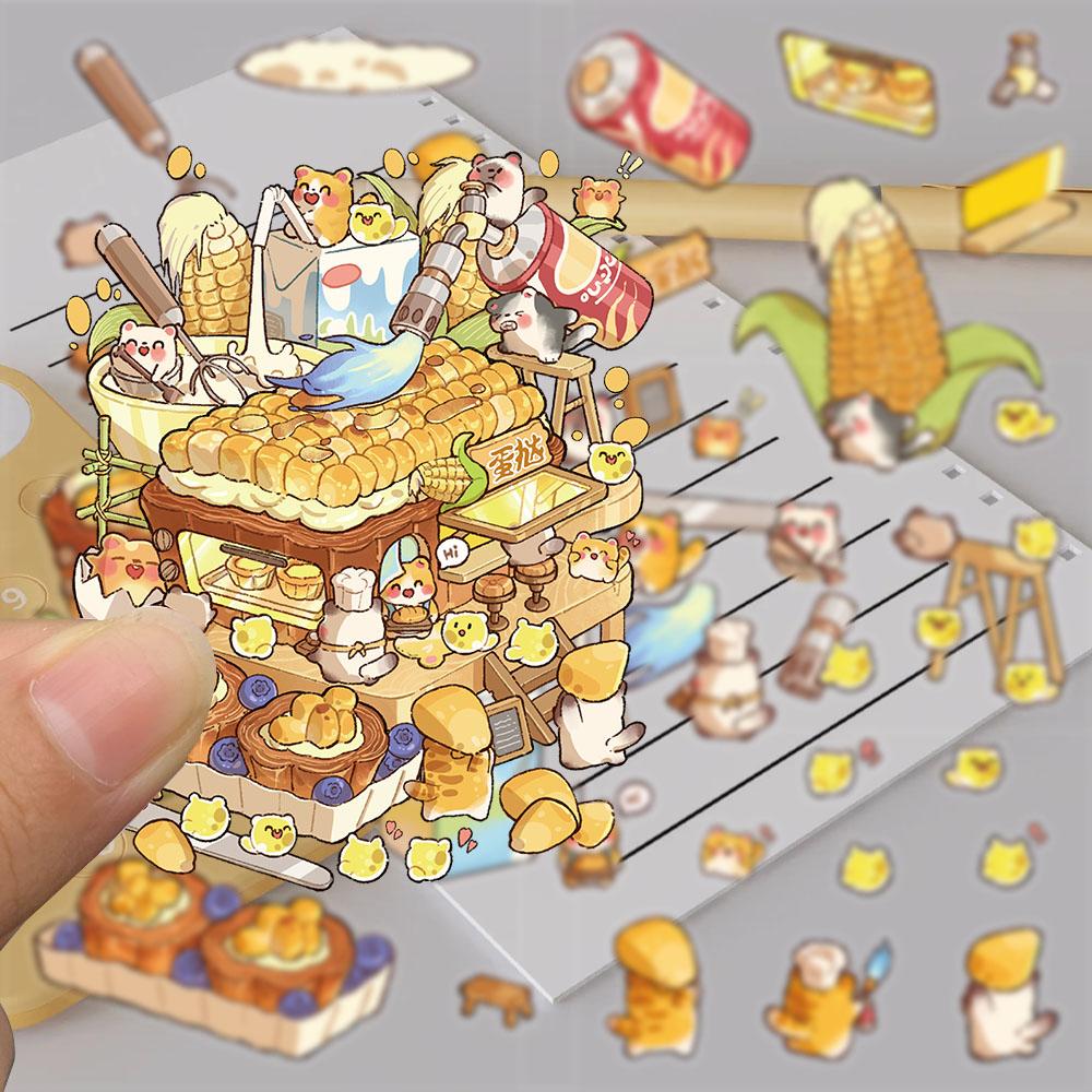 4PCS Corn Egg Tart House Landscaping Sticker Nostalgia Fashion Stationery Living Room Home DIY Decompression Puzzle Stickers