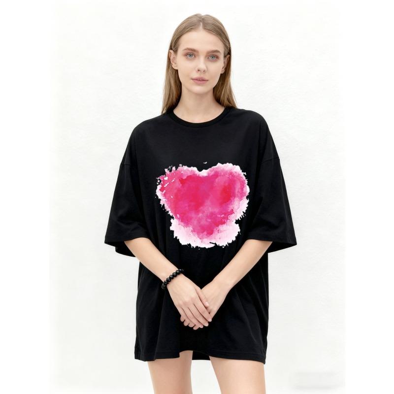 Oversized T Shirt Black Pink Watercolor Heart Print Casual Everyday Wear