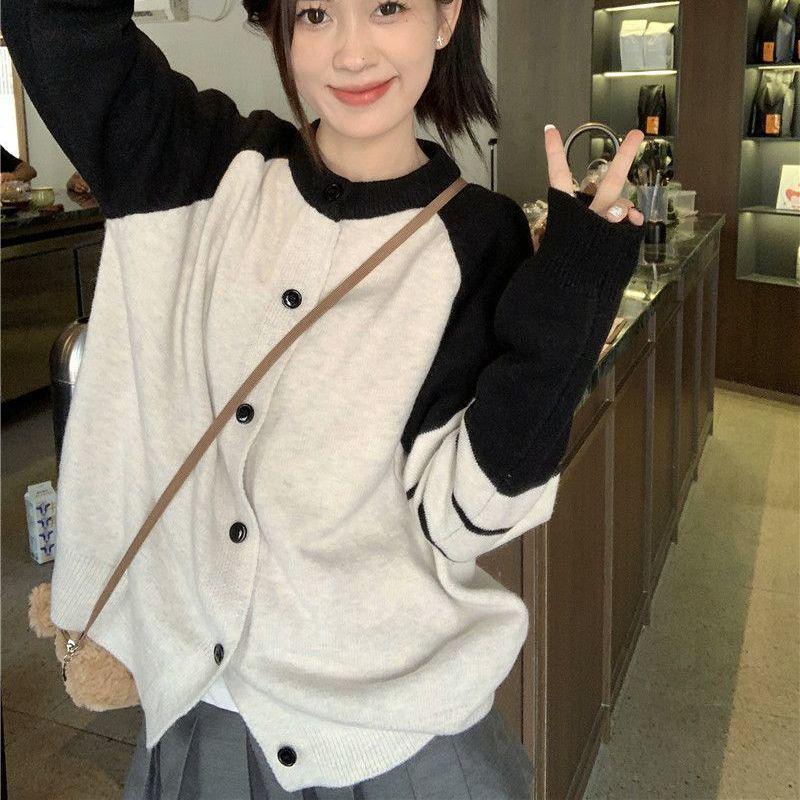 Women's Retro Color Block Knitted Cardigan - Autumn/Winter Slim Fit, Long-Sleeve Sweater