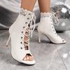 European and American lace-up high-heeled cool boots women's 2024 summer lace hollow short boots thin-heeled jazz dance shoes open-toed women's shoes