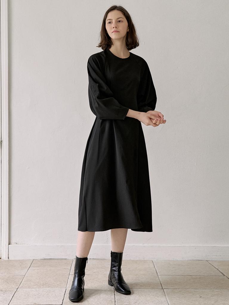 AVANT-G Waist Strap Volume Sleeve Dress - Black