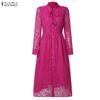 ZANZEA Women Elegant Lace Patchwork Casual Stand Collar Long Sleeve Dress