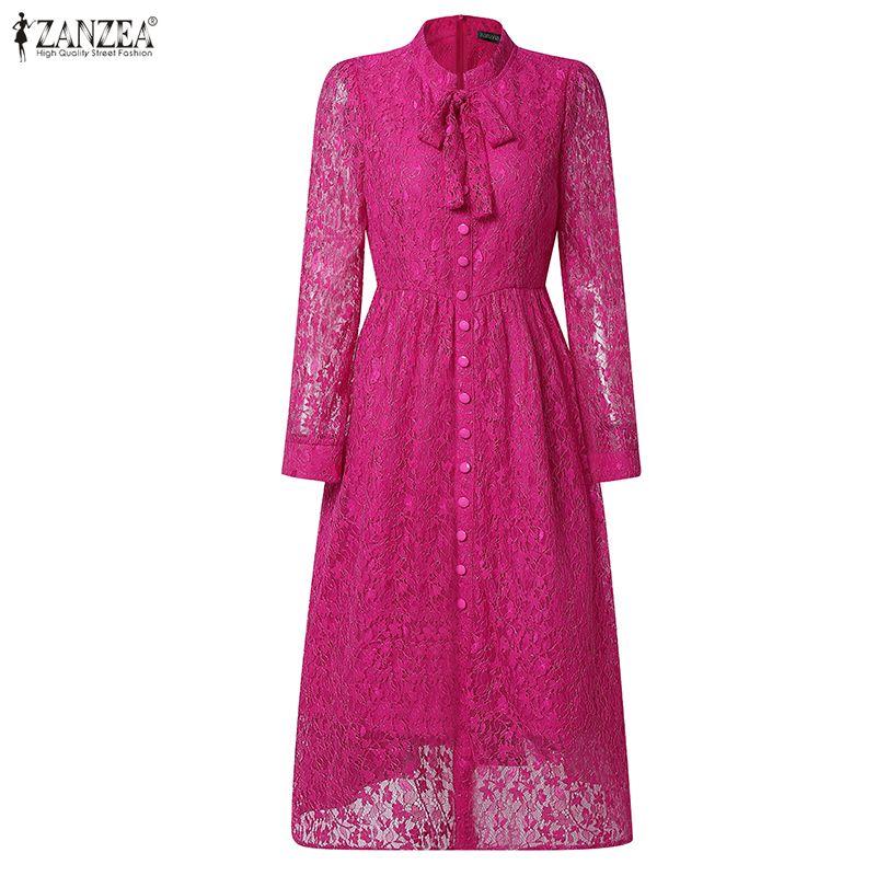 ZANZEA Women Elegant Lace Patchwork Casual Stand Collar Long Sleeve Dress