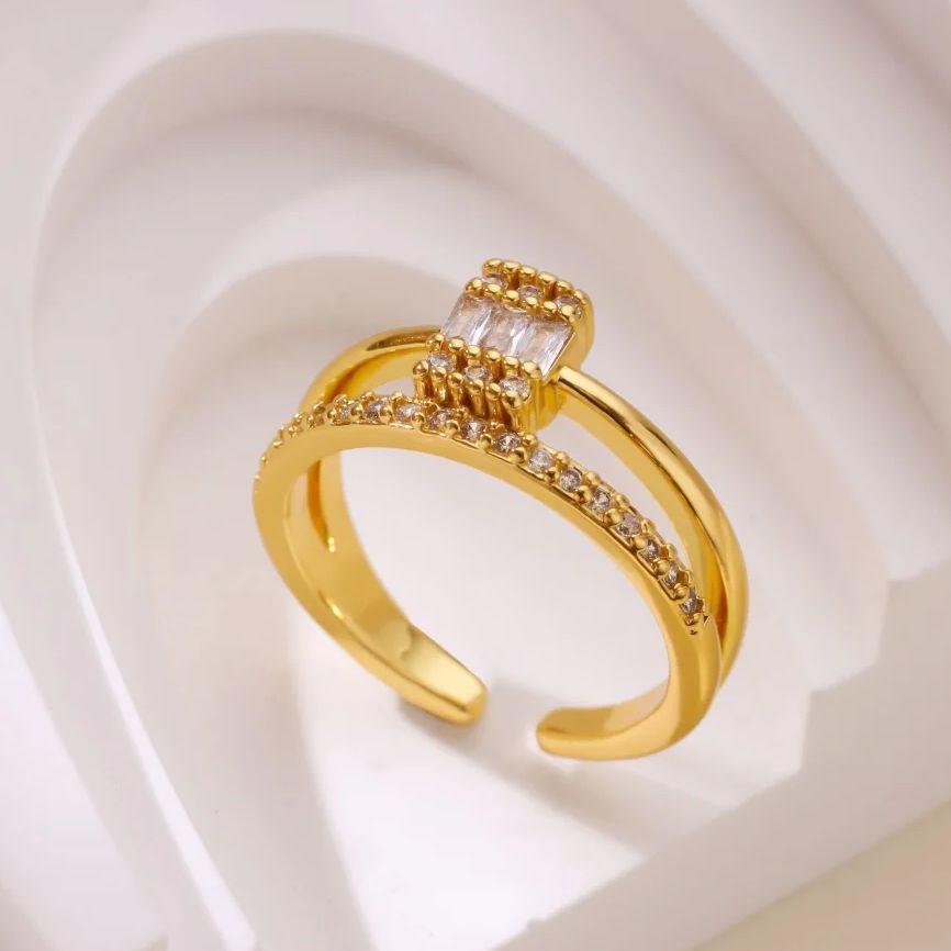 Crystal Double Geometric Rings For Women 18K Gold Plated Stainless Steel Zircon Ring Party Christmas Jewelry Gift