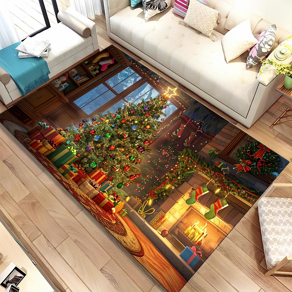 Cute Santa Claus Cartoon Merry Christmas Tree Festival Gift Carpet Rug for Living Room Bedroom Home Sofa Decoration,Non-slip